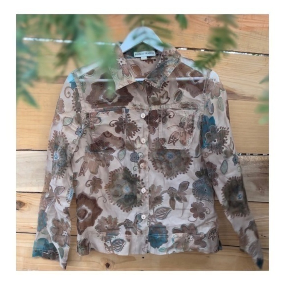 BAMBOO TRADERS | Flax Rayon Polyester Floral Sheer Lightweight Button-Up M - Picture 2 of 6